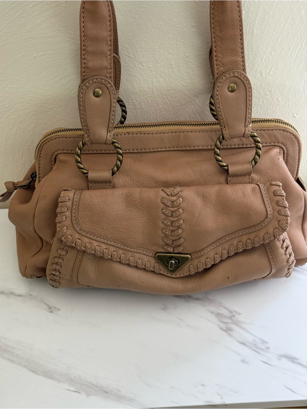 Wilsons Leather Beige Satchel Braided Accent Brass Hardware Inner Pockets